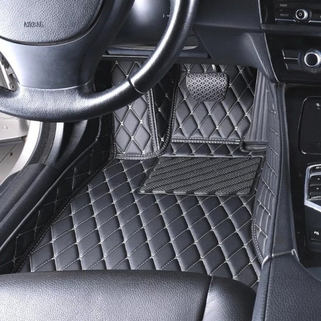 Black and Beige Stitching Luxury Leather Diamond Car Floor Mats Black and Beige Stitching Luxury Leather Diamond Car Floor Mats