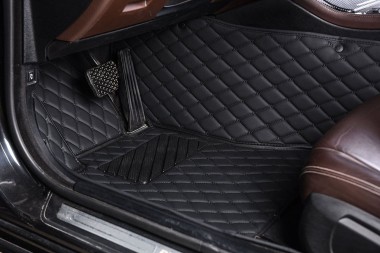 Black and Black Diamond Stitching Luxury Leather Car Floor Mats
