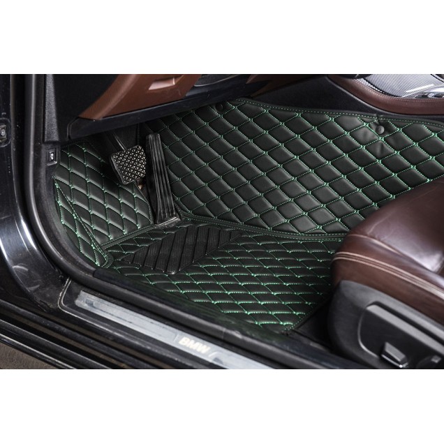 Black and Green Stitching Luxury Leather Diamond Car Floor Mats Black and Green Stitching Luxury Leather Diamond Car Floor Mats