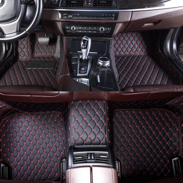 Black and Red Stitching Luxury Leather Diamond Car Floor Mats Black and Red Stitching Luxury Leather Diamond Car Floor Mats