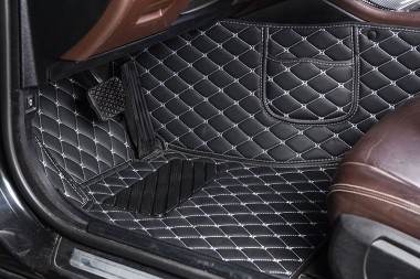 Black and White Diamond Stitching Luxury Leather Car Floor Mats
