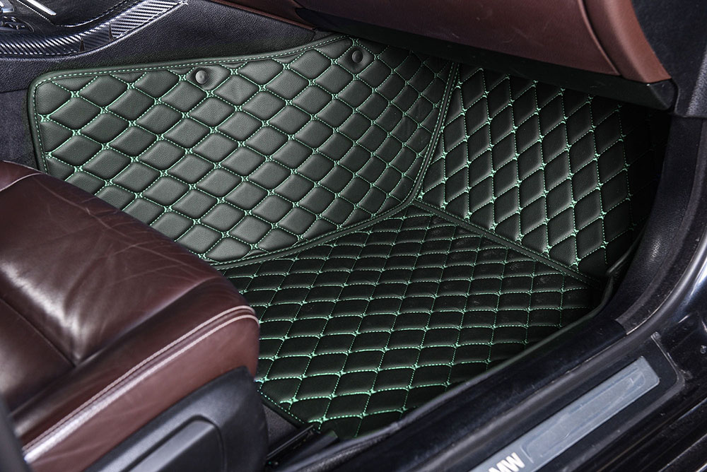 Black and Green Stitching Luxury Leather Diamond Car Floor Mats